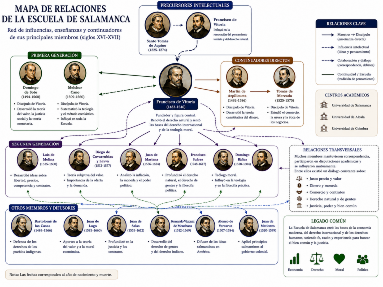 Mapa de relaciones y legado de la Escuela de Salamanca a la economía y el derecho.